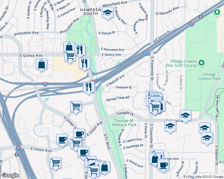 map of restaurants, bars, coffee shops, grocery stores, and more near 315 South Verbena Street in Denver