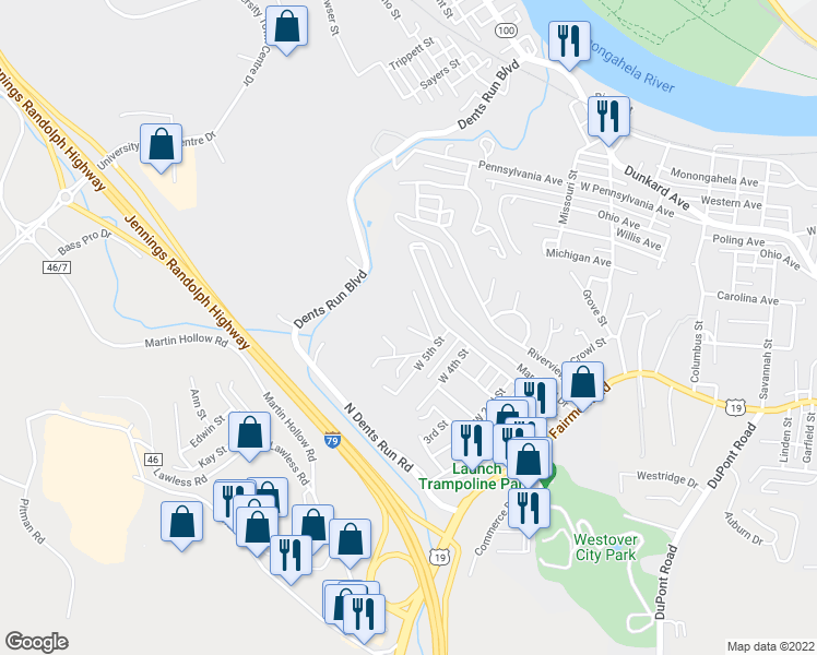 map of restaurants, bars, coffee shops, grocery stores, and more near 99 Woofter Ave in Westover