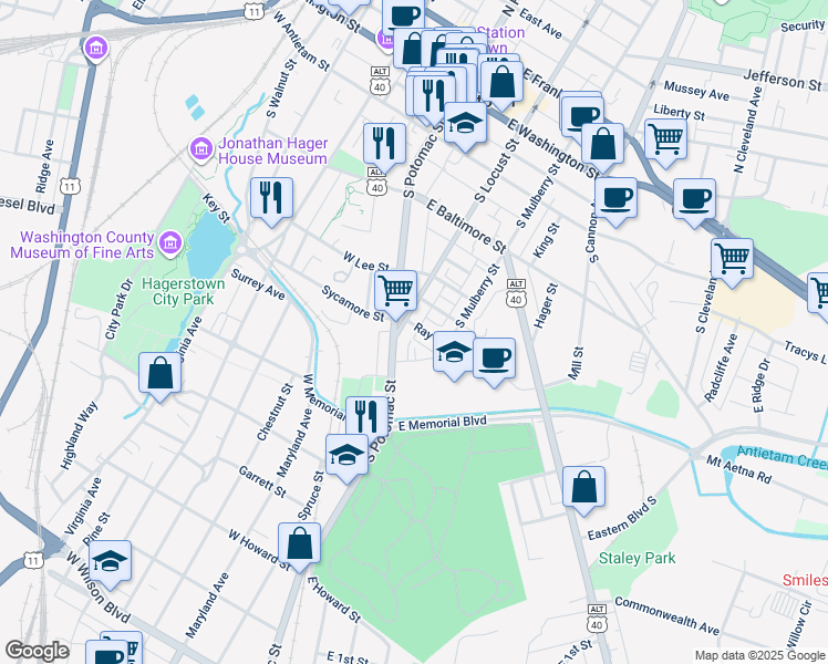 map of restaurants, bars, coffee shops, grocery stores, and more near 113 Ray Street in Hagerstown