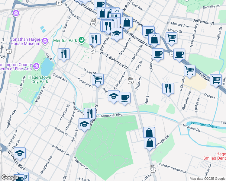 map of restaurants, bars, coffee shops, grocery stores, and more near 335 South Mulberry Street in Hagerstown