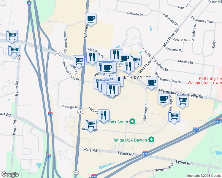 map of restaurants, bars, coffee shops, grocery stores, and more near 2700 Miamisburg Centerville Road in Dayton