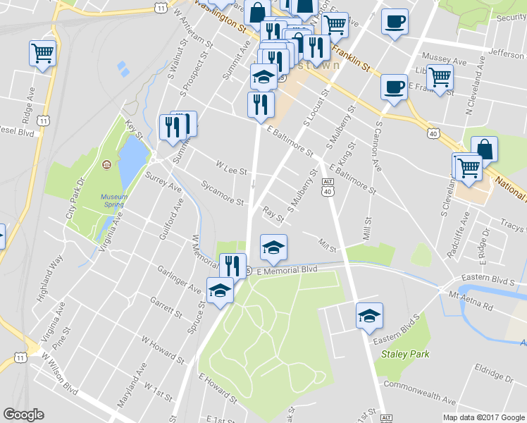 map of restaurants, bars, coffee shops, grocery stores, and more near 113 Ray Street in Hagerstown