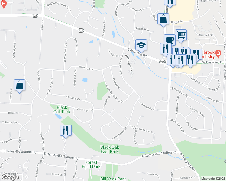 map of restaurants, bars, coffee shops, grocery stores, and more near 7591 Cloverbrook Park Drive in Dayton