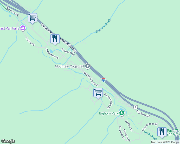 map of restaurants, bars, coffee shops, grocery stores, and more near 4515 Big Horn Road in Vail