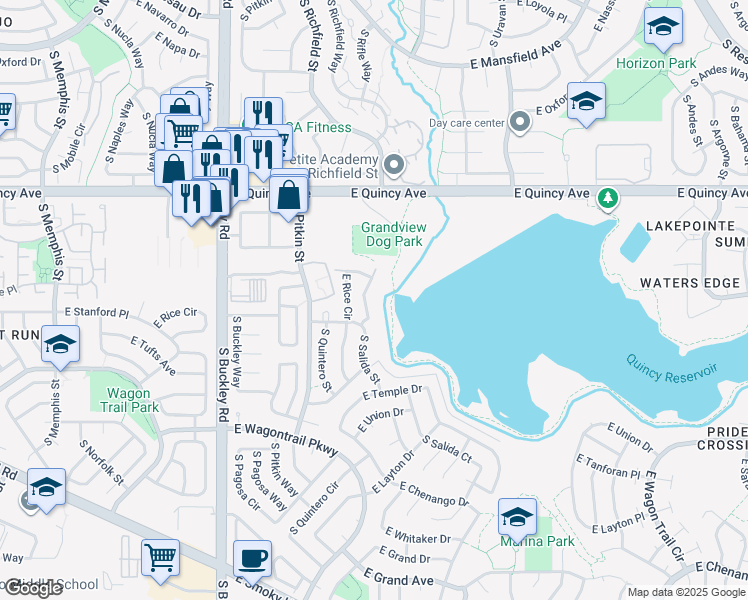 map of restaurants, bars, coffee shops, grocery stores, and more near 17488 East Rice Circle in Aurora