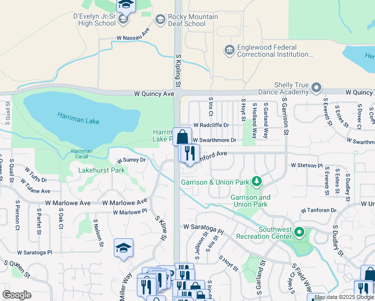 map of restaurants, bars, coffee shops, grocery stores, and more near 4490 South Kipling Street in Denver