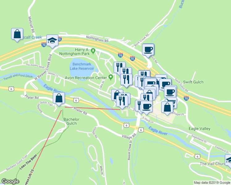 map of restaurants, bars, coffee shops, grocery stores, and more near 137 West Benchmark Road in Avon
