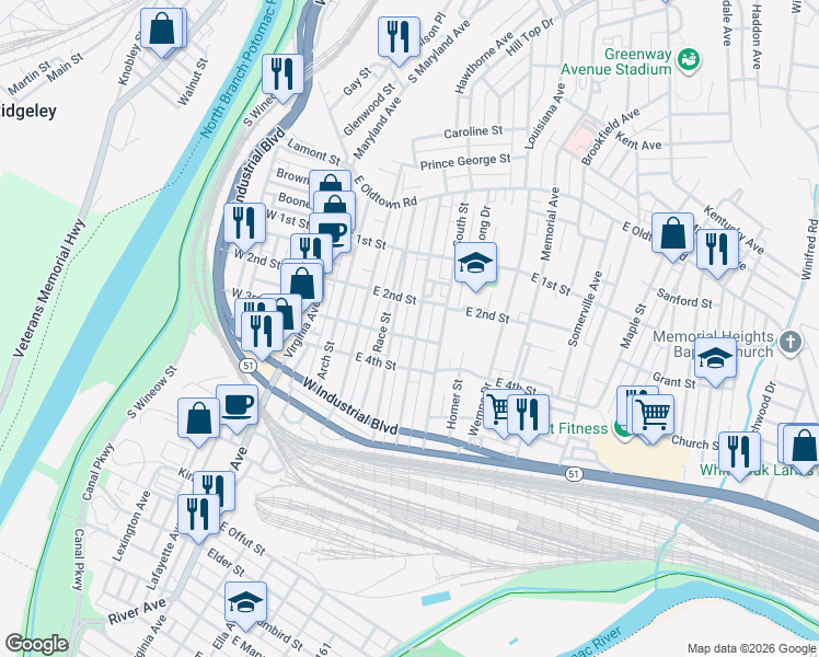 map of restaurants, bars, coffee shops, grocery stores, and more near 302 Pennsylvania Avenue in Cumberland