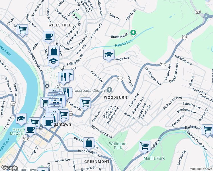 map of restaurants, bars, coffee shops, grocery stores, and more near 792 Weaver Street in Morgantown
