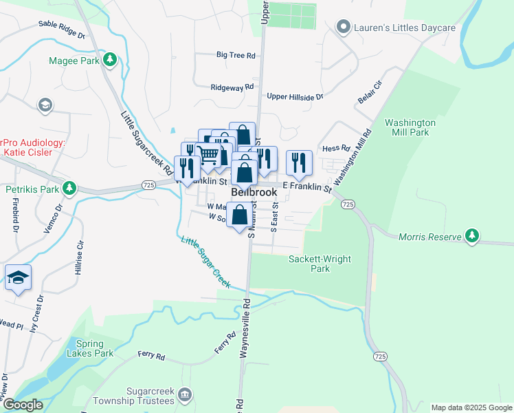 map of restaurants, bars, coffee shops, grocery stores, and more near 57 South Main Street in Spring Valley