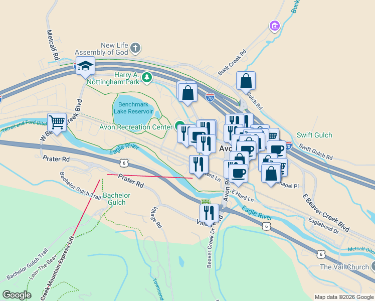 map of restaurants, bars, coffee shops, grocery stores, and more near 137 West Benchmark Road in Avon