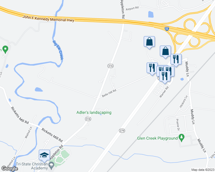map of restaurants, bars, coffee shops, grocery stores, and more near 47 Belle Hill Road in Elkton