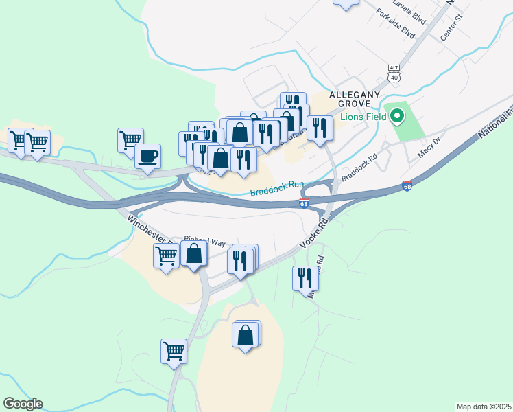 map of restaurants, bars, coffee shops, grocery stores, and more near U.S. 40 in La Vale