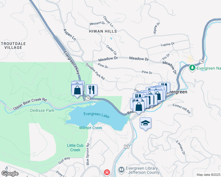 map of restaurants, bars, coffee shops, grocery stores, and more near 28556 Evergreen Manor Drive in Evergreen