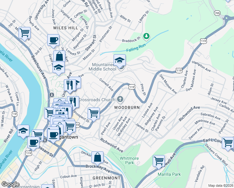 map of restaurants, bars, coffee shops, grocery stores, and more near 792 Weaver Street in Morgantown