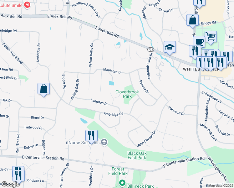 map of restaurants, bars, coffee shops, grocery stores, and more near 7590 New London Circle in Centerville