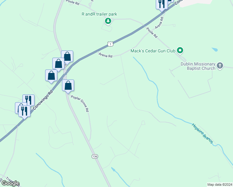 map of restaurants, bars, coffee shops, grocery stores, and more near 1112 Thompson Way in Street