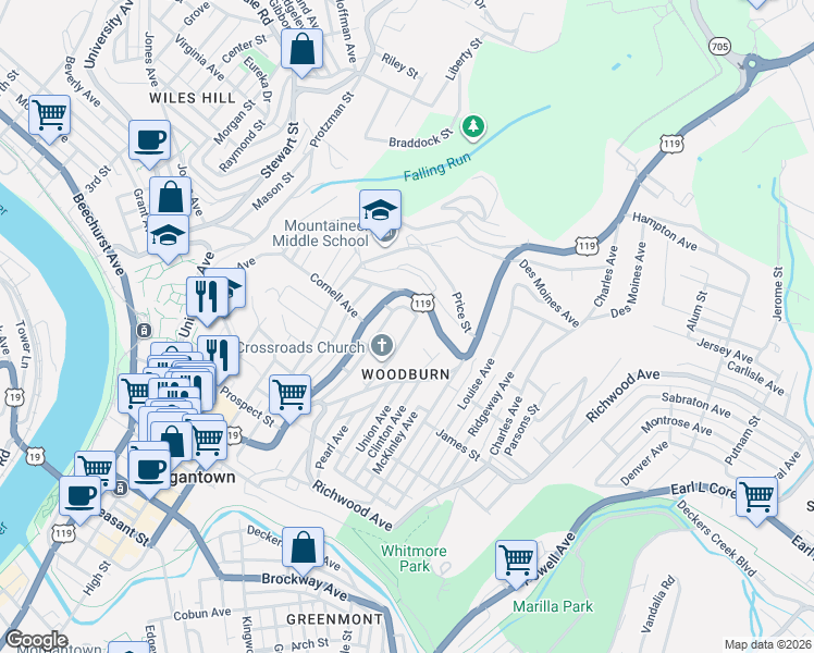 map of restaurants, bars, coffee shops, grocery stores, and more near 916 Garrison Avenue in Morgantown