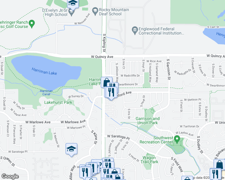 map of restaurants, bars, coffee shops, grocery stores, and more near 9785 West Stanford Avenue in Littleton