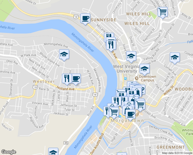 map of restaurants, bars, coffee shops, grocery stores, and more near 52 Tower Lane in Morgantown
