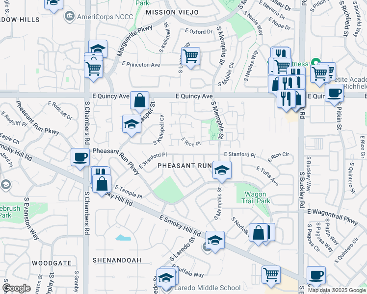 map of restaurants, bars, coffee shops, grocery stores, and more near 15993 East Stanford Place in Aurora