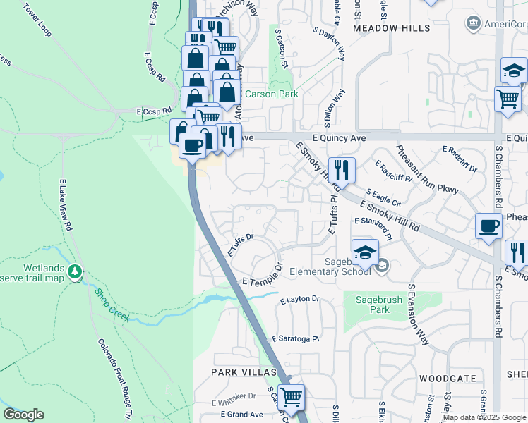 map of restaurants, bars, coffee shops, grocery stores, and more near 14076 East Stanford Circle in Aurora
