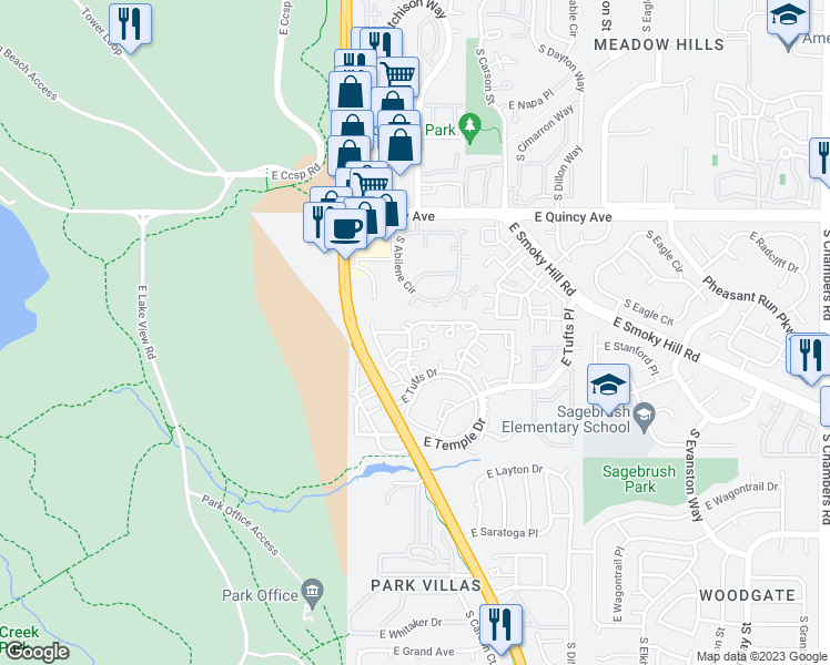 map of restaurants, bars, coffee shops, grocery stores, and more near 13922 East Stanford Circle in Aurora