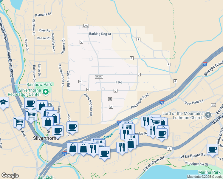 map of restaurants, bars, coffee shops, grocery stores, and more near 77 Circle B in Dillon