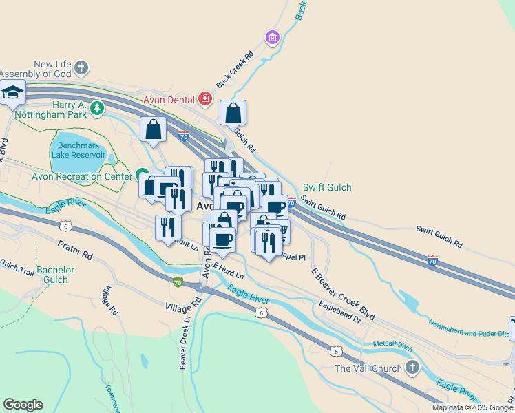 map of restaurants, bars, coffee shops, grocery stores, and more near 71 East Beaver Creek Boulevard in Avon