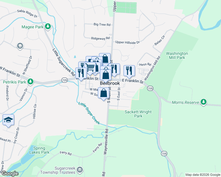 map of restaurants, bars, coffee shops, grocery stores, and more near 57 South Main Street in Spring Valley