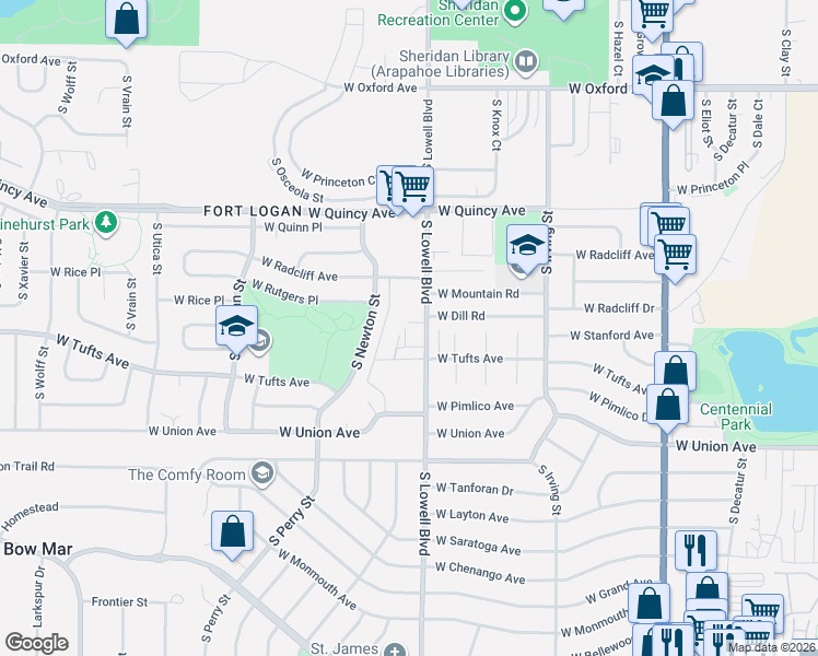 map of restaurants, bars, coffee shops, grocery stores, and more near 4593 West Tufts Avenue in Englewood