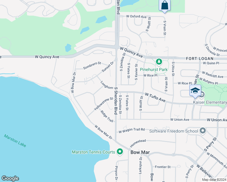 map of restaurants, bars, coffee shops, grocery stores, and more near 5210 Longhorn in Bow Mar