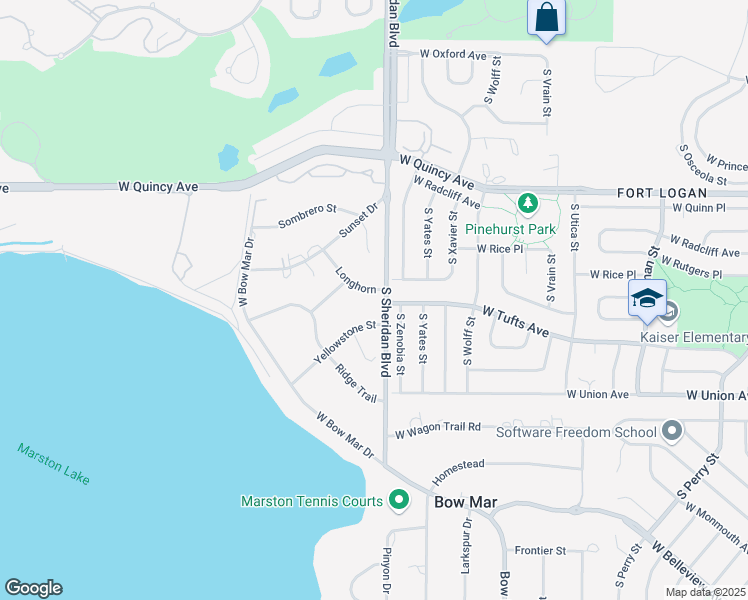 map of restaurants, bars, coffee shops, grocery stores, and more near 5210 Longhorn in Bow Mar