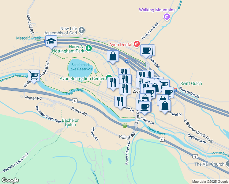 map of restaurants, bars, coffee shops, grocery stores, and more near 137 West Benchmark Road in Avon