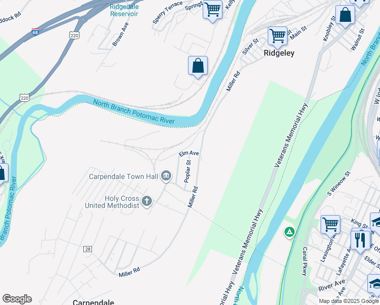 map of restaurants, bars, coffee shops, grocery stores, and more near Elm Street in Ridgeley