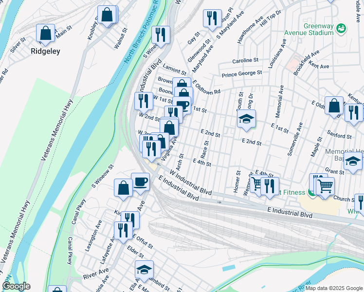 map of restaurants, bars, coffee shops, grocery stores, and more near 307 Arch Street in Cumberland