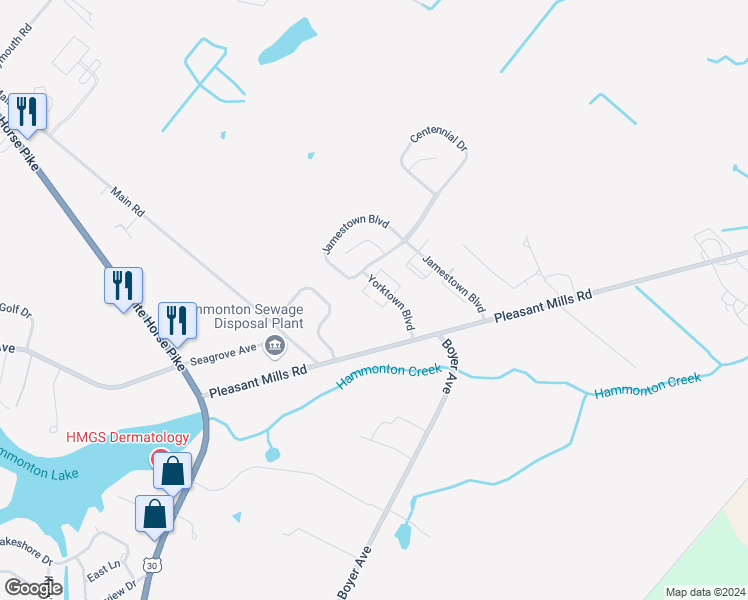 map of restaurants, bars, coffee shops, grocery stores, and more near 208 Yorktown Boulevard in Hammonton