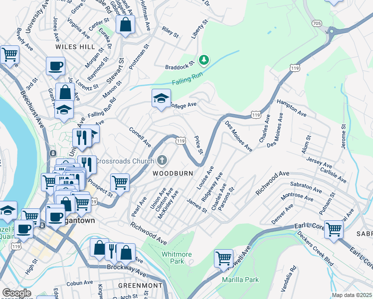 map of restaurants, bars, coffee shops, grocery stores, and more near 999 U.S. 119 in Morgantown