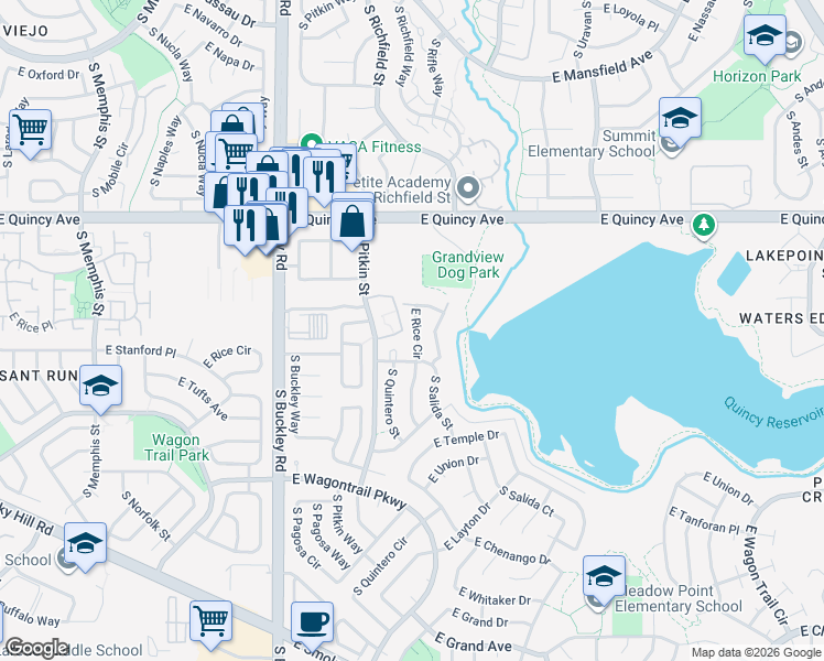 map of restaurants, bars, coffee shops, grocery stores, and more near 17151 East Stanford Avenue in Aurora