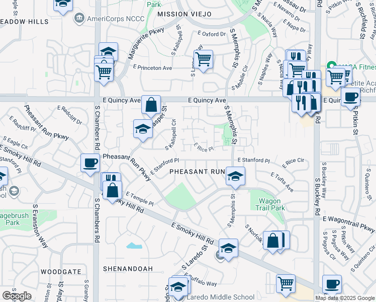 map of restaurants, bars, coffee shops, grocery stores, and more near 15993 East Stanford Place in Aurora