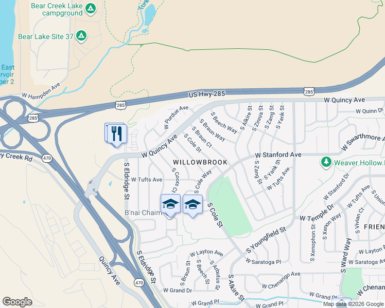 map of restaurants, bars, coffee shops, grocery stores, and more near 4475 South Cole Court in Morrison