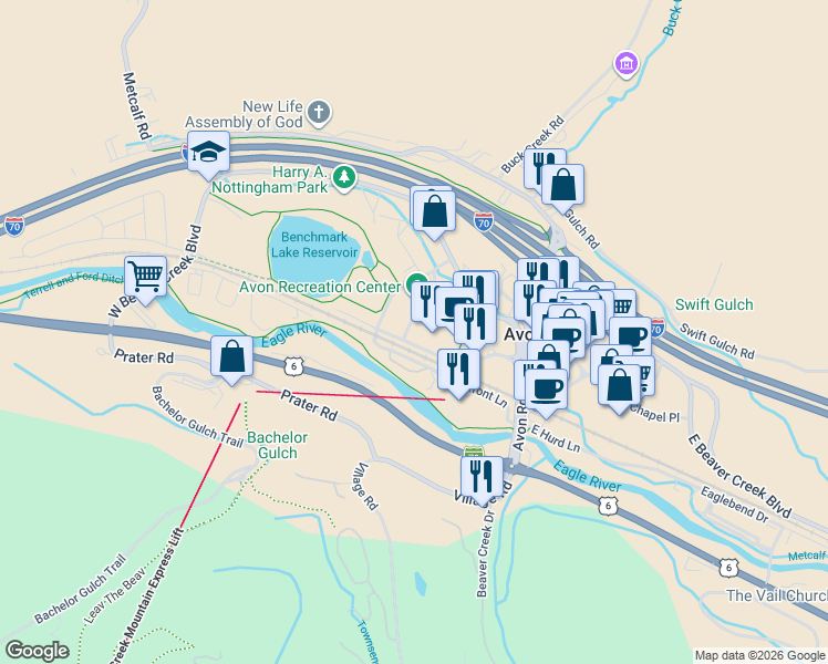 map of restaurants, bars, coffee shops, grocery stores, and more near 330 Riverfront Lane in Avon