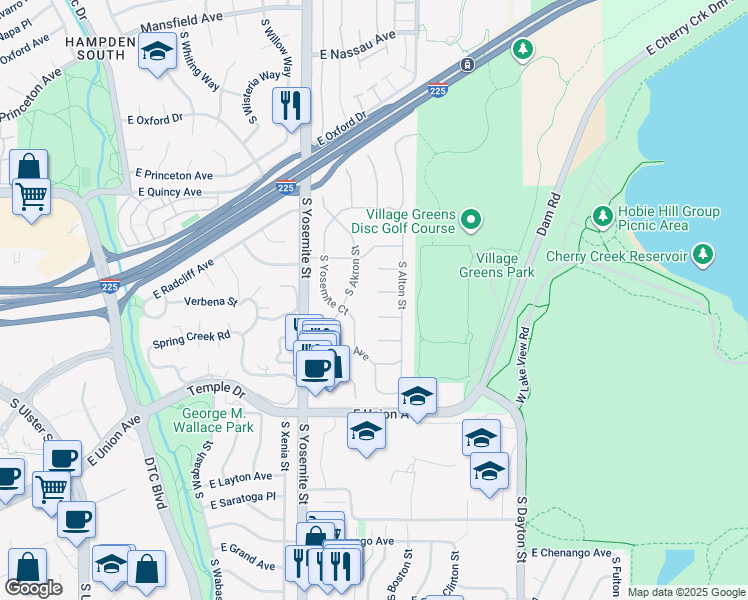 map of restaurants, bars, coffee shops, grocery stores, and more near 9176 East Stanford Place in Greenwood Village
