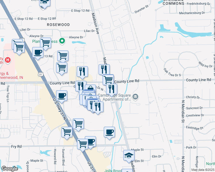 map of restaurants, bars, coffee shops, grocery stores, and more near 1266 Madison Avenue in Greenwood