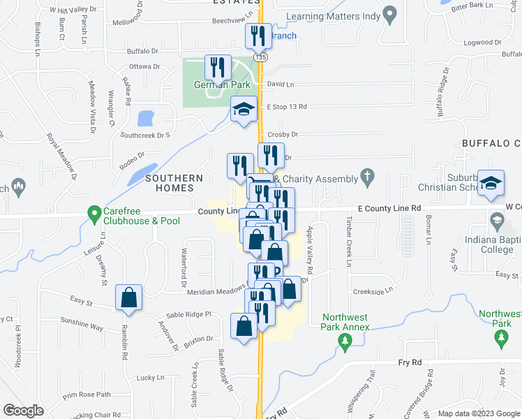 map of restaurants, bars, coffee shops, grocery stores, and more near 8916 S Meridian St in Indianapolis