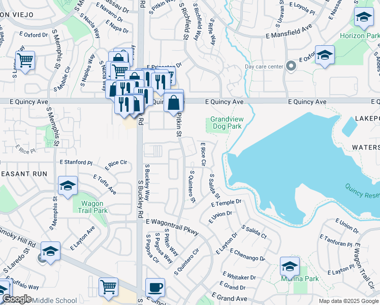 map of restaurants, bars, coffee shops, grocery stores, and more near 17151 East Stanford Avenue in Aurora