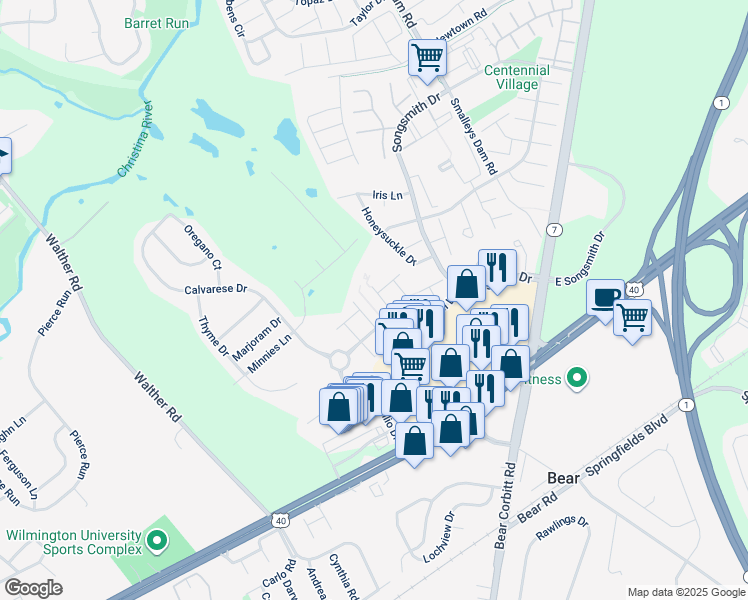 map of restaurants, bars, coffee shops, grocery stores, and more near 20 North Sherman Drive in Bear
