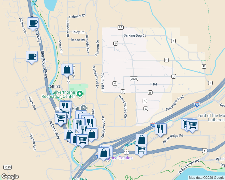 map of restaurants, bars, coffee shops, grocery stores, and more near 341 Hummingbird Circle in Silverthorne