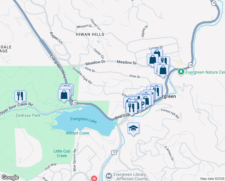 map of restaurants, bars, coffee shops, grocery stores, and more near 28380 Douglas Park Road in Evergreen