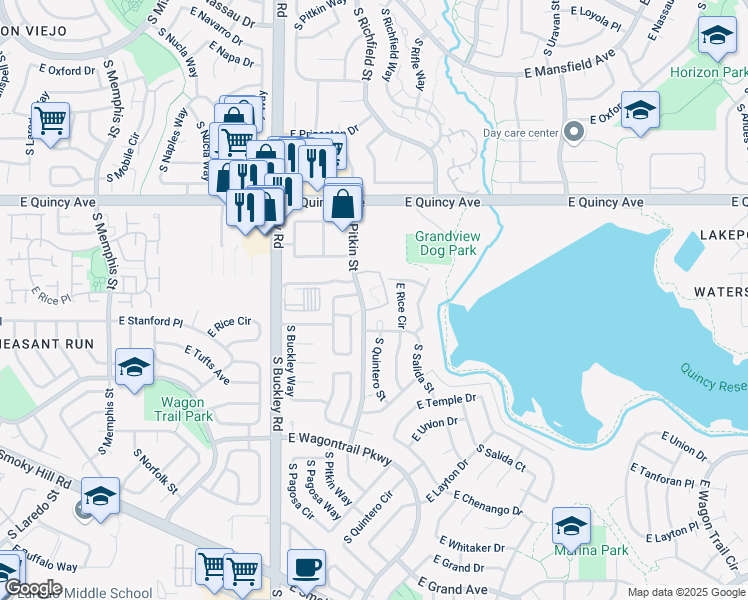 map of restaurants, bars, coffee shops, grocery stores, and more near 17151 East Stanford Avenue in Aurora